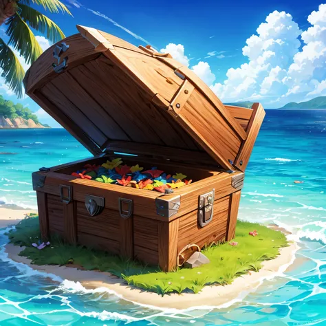 an island in the sea with clear water and in the background a treasure chest in cartoon style