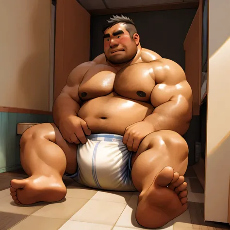 masterpiece, Top quality, in 32K, perfect anatomy, hyper detailed, super fine illustration, The thick man is a brutal prisoner, retarded, hairy, human, 50yo in japan, (fatness: 1.0), Fatty muscle, Bowleg, disappointment, incontinent, be diaper check by chi...