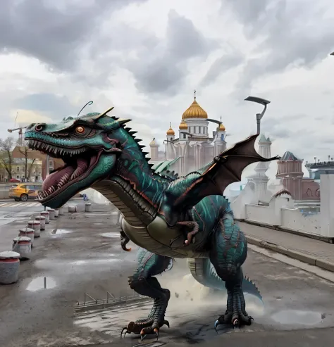 there is (((real dinosaur with a large mouth, dragon invasion of moscow))) on asphalt ground