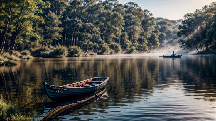 morning, Small River, calm water, fisherman in a boat, fog((8K, Raw-Photo, top quality, masterpiece), Highly detailed RAW color photography, professional photography, (realistic, photorealism:1. 37), (top quality), (best shadow), (Best Illustration), photo...