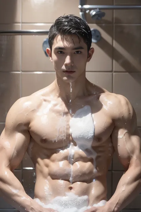 ((Man in the shower, Bubble bath, foamy)), Male, Tik, ,swim trunkusculature，short detailed hair。frontage， Shirtless,  wearing nothing, completely naked ，chest muscle，Abs