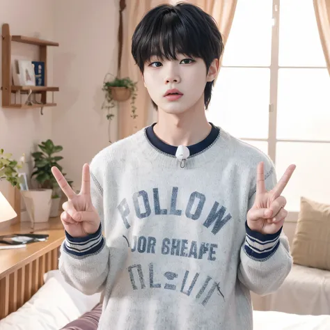 There is a man standing in a room making a peace sign., Kim Doyoung, pintar ulzzang, Jung Jaehyun, jinyoung shin, inspirado en Bian Shoumin, inspirado en Kun Can, cai xukun, park Jimin, Jimin, hyung tae, Inspirado por Zhang Han, ruan cute vtuber, yoongi de...