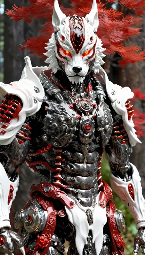 forest、Black smoke is rising、A cyborg samurai-like creature with the head of a wolf、eyes are shining、 whole body、(white and red)、FW Murano style, vibrant color blast, Incredibly detailed, dark, Key Visual, Atmospheric, Very realistic, high detail texture, ...