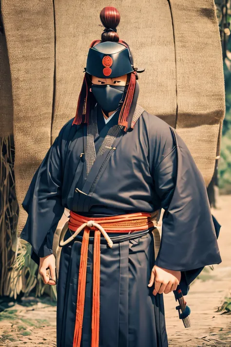 Samurai dressed in traditional Japanese armor, which included the shell, shoulder pads, bracers, legguards and leggings. The head of a samurai is protected by a helmet, and the face is hidden by a mask. The samurai&#39;s body is wearing a kimono, over whic...