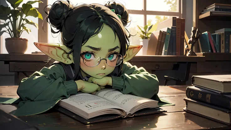 best god quality, Ultra-detailed, perfect Anatomy, ( draw a little goblin girl with green skin, with an embarrassed expression and a shy expression, 1 girl, is a shy goblin student, dressed in highschool girl outfit, green eyes, the goblin is wearing glass...