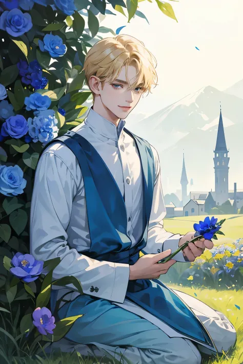 High quality masterpiece, super detailed, super emotion detailed,  nignt place among blue shining flowers, cold colours dramatic lighting, movie scene, anime style, perfect face, clean eyes, Middle Ages, clean emotions, full body! A young man with blonde h...