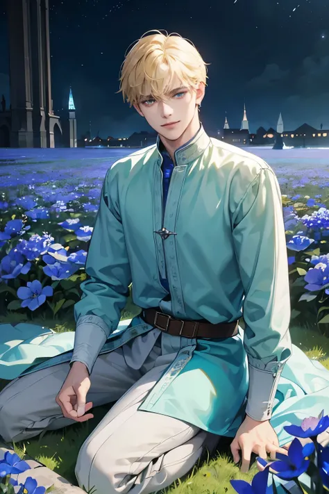 High quality masterpiece, super detailed, super emotion detailed,  nignt place among blue shining flowers, cold colours dramatic lighting, movie scene, anime style, perfect face, clean eyes, Middle Ages, clean emotions, full body! A young man with blonde h...