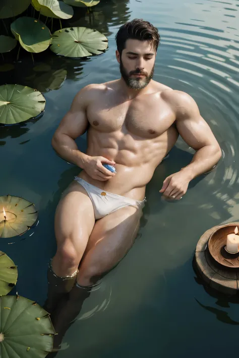 Best quality, masterpiece,ultra high res,detailed background,realistic,Ophelia in the Water,from above,closed eyes,1man,solo,male,muscular,mature male,facial hair,beard,short hair,lying,lotus,candle,water,real shadow and light,depth of field