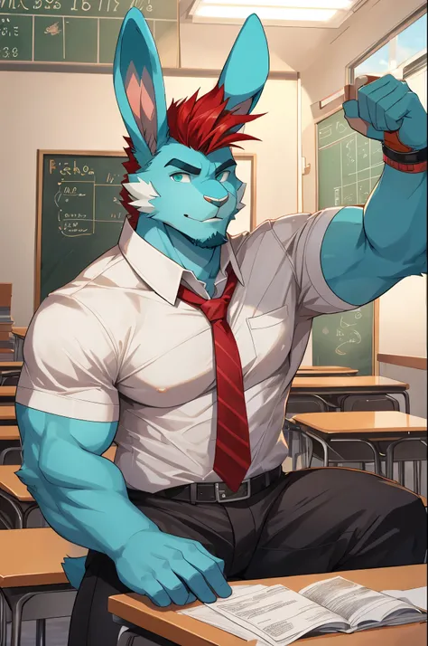 perfect face, bara furry, rabbit man, big body, cyan skin, short quiff red hair, green eyes, perfect eyes, big rabbit ears, handsome, at school