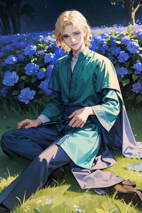 High quality masterpiece, super detailed, super emotion detailed,  nignt place among blue shining flowers, cold colours dramatic lighting, movie scene, anime style, perfect face, clean eyes, Middle Ages, clean emotions, full body! A young man with blonde h...