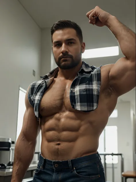 obra maestra, Mejor calidad, high resolution, Portrait of a man in a lumberjack suit (cuadros blancos y negros), cuerpo completo, muscular, (con camisa: 1.2) enfoque masculino, enfocarse solo, piel bronceada, 38-year old man,  muscular, fuerte, peludo, Mas...