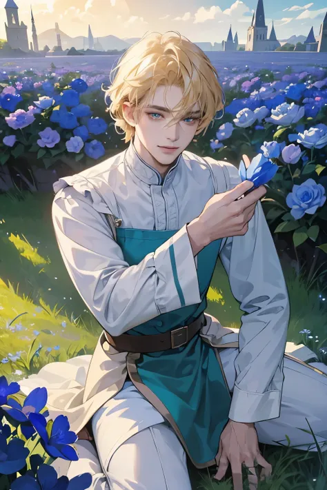 High quality masterpiece, super detailed, super emotion detailed,  nignt place among blue shining flowers, cold colours dramatic lighting, movie scene, anime style, perfect face, clean eyes, Middle Ages, clean emotions, full body! A young man with blonde h...