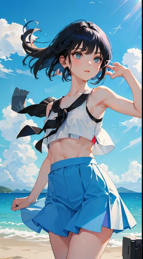 (short cute girl，small young student，young delicate girl）,（masterpiece，Top quality)，Crop Top Look，Tank top，Light blue skirt，Black Hair，The wind is blowing