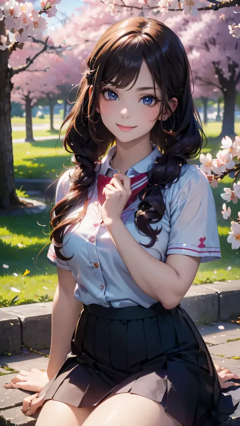 A park where cherry blossoms dance,high school girl,(random cute pose),(random hairstyle),(Highest image quality,(8K), Ultra-realistic, Best Quality, High quality, High Definition, high quality texture, high detailing, Beautiful detailed, fine detailed, ex...