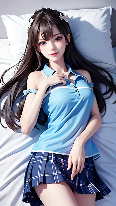 masterpiece,best quality,1girl, blue_eyes, cowboy shot, long_hair, looking_at_viewer, plaid_skirt, pleated_skirt, naked, shirt, short_sleeves, skirt, smile, solo, laying on bed, Both hands tightly gripped the pillow, embarrassing face