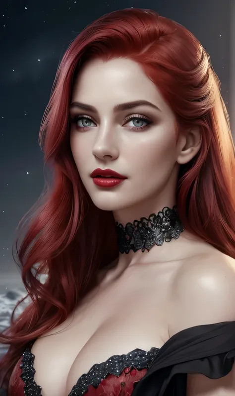 face close up, portrait shot, ((vivid red hair)), mature woman, 30 years old, diamond face, moonlight, red starry sky background, depth of field, magic, big red lips, ((dark and red black eyes)) black and red long and full dress, covered chest, mystical at...