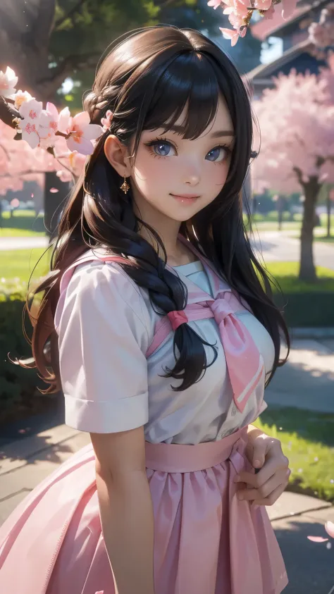 A park where cherry blossoms dance,high school girl,(random cute pose),(random hairstyle),(Highest image quality,(8K), Ultra-realistic, Best Quality, High quality, High Definition, high quality texture, high detailing, Beautiful detailed, fine detailed, ex...