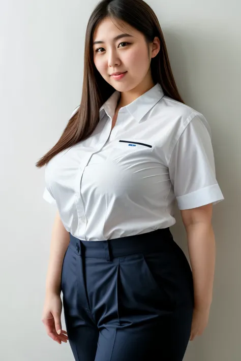 ((best quality)), ((masterpiece)), (detailed), sharp quality, cute face, ((realistic)), chubby body type, japanese with large breasts and hip, wearing blue black track bottom pants and white shirt, background at office, low light 1.5 and add shadow 