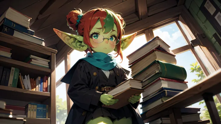 Best god quality, detailed, perfect anatomy, little goblin girl, school girl, shy, blushing, , books, studious, student, academia, pointy ears, long ears, green skin, greenish, glasses, bookish, carrying books, low angle, cute, big green eyes, looking at c...