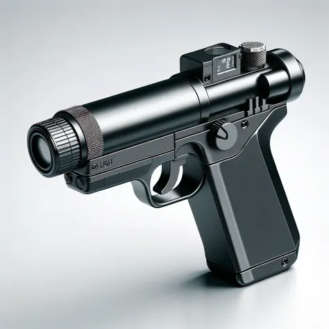 a close up of a gun with a laser light on it, futuristic pistol, products photo from gun magazine, futuristic gun, beautiful sur...