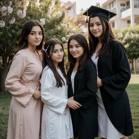 hay cinco personas juntas sosteniendo un ramo de flores, graduation photo,  familia, wearing an academic gown, Postgrado, foto tomada en 2023, happy familia