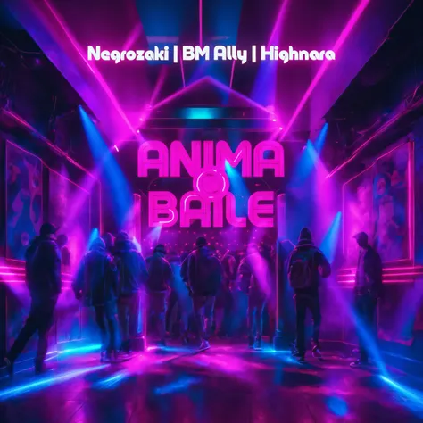 Written “Enliven the dance”, the entrance of a hip hop nightclub with dim lighting surrounding the area, but vibrant and colorful lights emanating from the interior. Blue and pink aesthetic lights