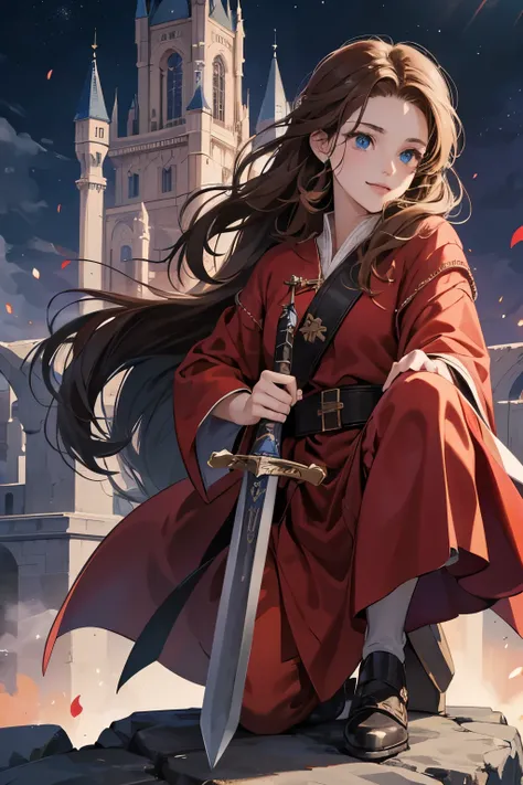 High quality masterpiece, super detailed, super emotion detailed, castle, cold colours dramatic lighting, movie scene, anime style, perfect face, clean eyes, Middle Ages, clean emotions, full body! A young woman with brown curly hair, in red robe, she is s...