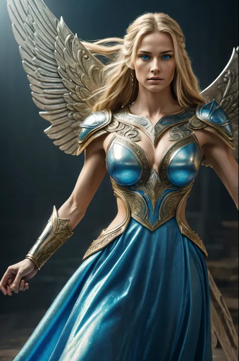 (Realistic: 1.5), beautiful warrior Valkyrie, intricately detailed winged armor, flowing gown with metallic sheen, long blonde hair cascading down her back, piercing blue eyes, fierce expression, limpid gaze, defined features, prominent cheekbones, sculpte...