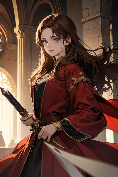 High quality masterpiece, super detailed, super emotion detailed, castle, cold colours dramatic lighting, movie scene, anime style, perfect face, clean eyes, Middle Ages, clean emotions, full body! A young woman with brown curly hair, in red expensive robe...