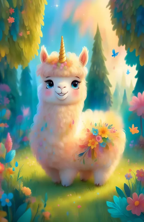 a girl with a playful smile, a cute and fluffy unicorn horse in a beautiful garden, soft sunlight streaming through the trees, vibrant flowers blooming in full color, lush green grass stretching endlessly, a gentle breeze rustling the leaves, the alpacas w...