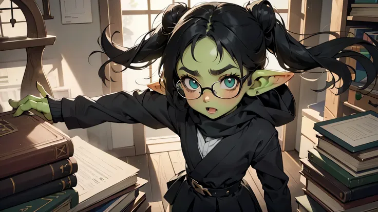 Best god quality, detailed, perfect anatomy, little goblin girl, school girl, shy, curious, books, studious, student, academia, pointy ears, long ears, green skin, she has black hair, glasses, bookish, carrying books, low angle, cute, big green eyes, looki...