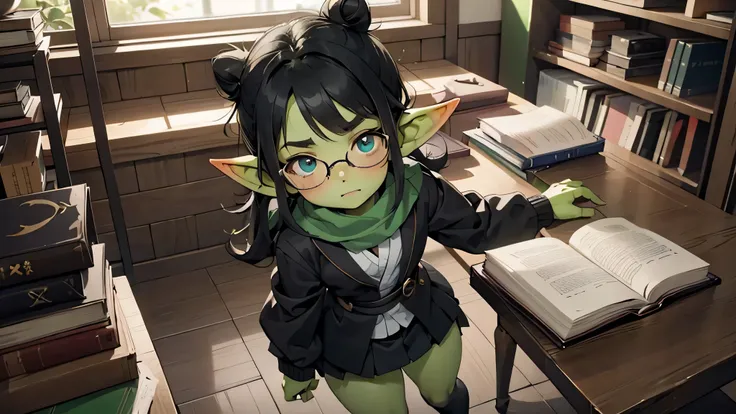 Best god quality, detailed, perfect anatomy, little goblin girl, school girl, shy, curious, books, studious, student, academia, pointy ears, long ears, green skin, she has black hair, glasses, bookish, carrying books, low angle, cute, big green eyes, looki...