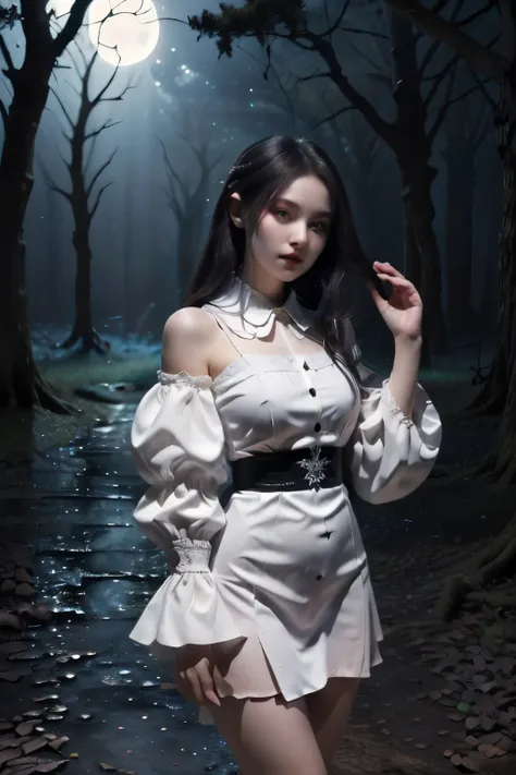 (Super detailed,ultra high resolution,detailed background)),ancient city,dark forest at night,spooky,Chill,Inspiration,1 girl,wearing a minidress、Wearing a white collared long-sleeved blouse、