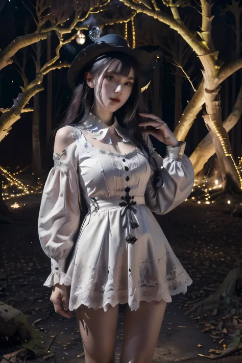 (Super detailed,ultra high resolution,detailed background)),ancient city,dark forest at night,spooky,Chill,Inspiration,1 girl,wearing a minidress、Wearing a white collared long-sleeved blouse、