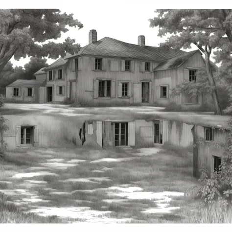 A black and white sketch of the outside of an old winery home falling apart and overgrown. the architecture of the home is French.