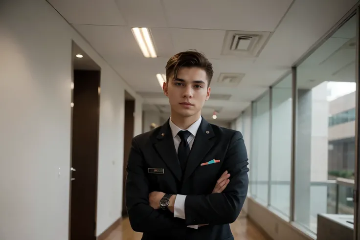 
man, 25 years old, in a suit in a business environment, short military style hair