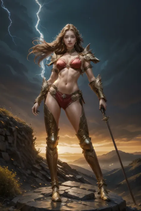 a sexy woman in armor standing on a rocky hill, bikini armor female knight, fantasy woman, fantasy warrior, by yang j, very beau...