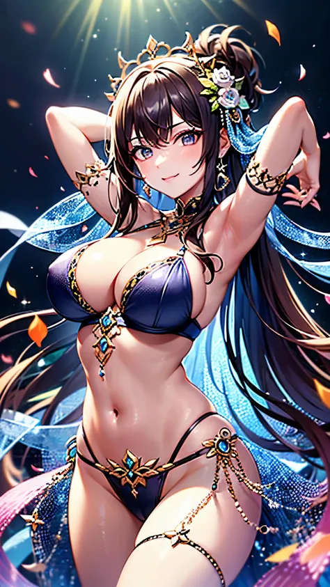 ((highest quality)),(Ultra-high resolution),(Very detailed),(Detailed Description),((The best CG)),(A masterpiece),Ultra-precise art,amazing drawing art,(Art with precise detail:1.5), (Dancer woman:1.6),(Big Breasts:1.6),She is dressed in a glamorous dance...