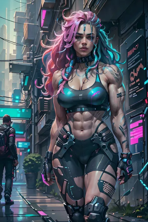 ((full body image)), ((best quality)), ((masterpiece)), (detailed), ((very muscular)), bodybuilder, very muscular legs, very big breasts, cyberpunk young woman, walking on the streets, pink and blue long hair. cyberpunk style