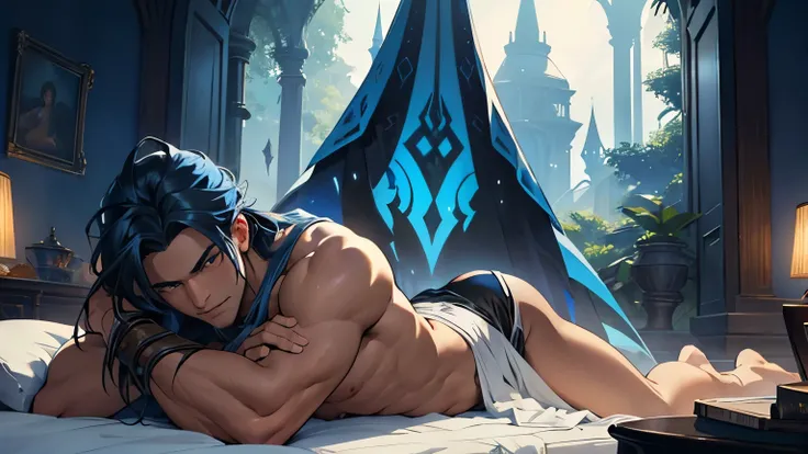 In a setting reminiscent of the vibrant world of Runeterra, a solo man with long azure hair sprawls upon a bed, his lean, defined physique exuding an aura of raw sensuality. The room is adorned with tapestries reminiscent of the mystical landscapes found w...