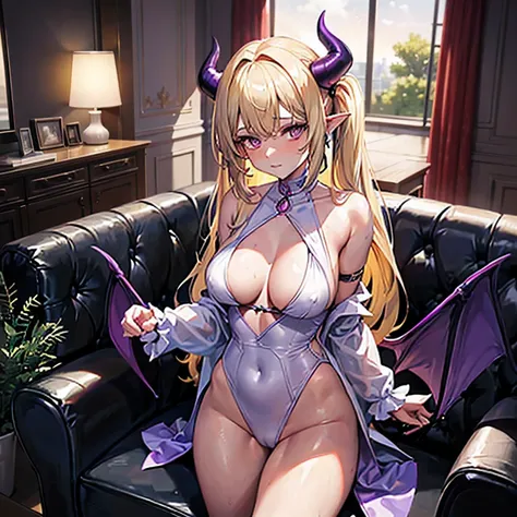 Photo of a succubus: she is 165 cm tall, has blonde hair, slim body, big , light purple horns, light purple demon wings, light purple tail, yellow eyes. She is dressed in a white one-piece. She is very beautiful, very feminine. She is scared, lost and nerv...