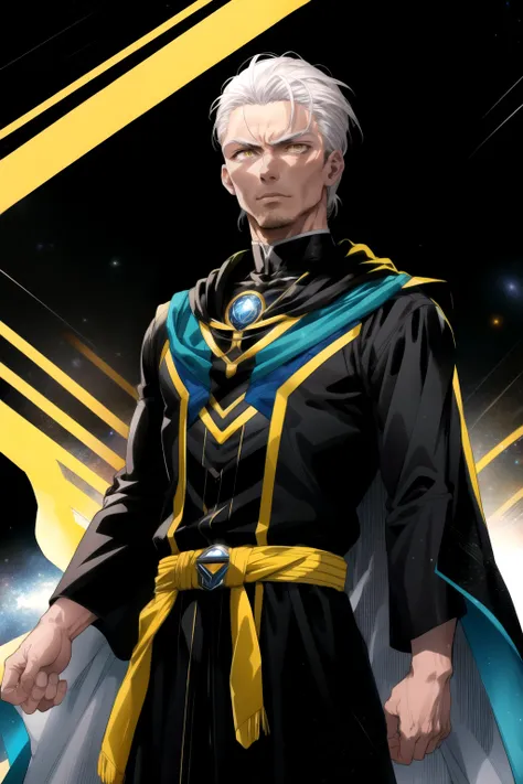 one male, 40 years old, power rangers villain, white hair, slicked-back hairstyle, black robes, yellow eyes, space background, f...