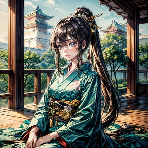 masterpiece,highest quality,Ultra high definition, Ono no Komachi, ancient Japanese court, graceful, elegant, kimono, deep jade green eyes, jet black hair, long flowing straight hair, golden hairpin, calm and pensive expression,Center parted haircut,hair p...