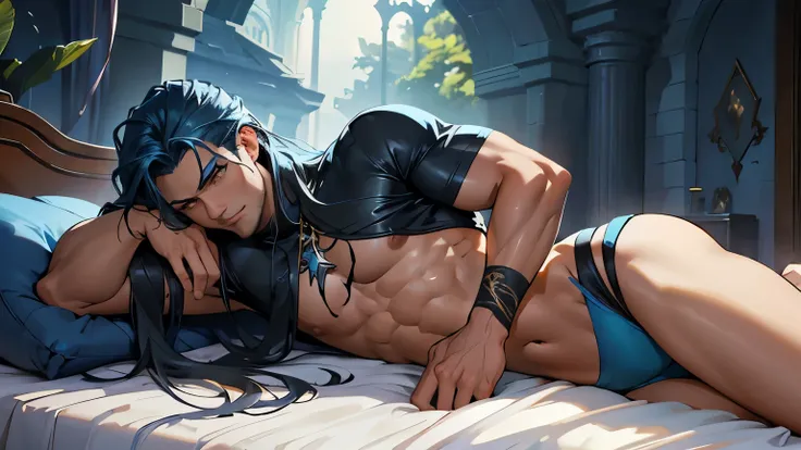 In a setting reminiscent of the vibrant world of Runeterra, a solo man with long azure hair sprawls upon a bed, his lean, defined physique exuding an aura of raw sensuality. The room is adorned with tapestries reminiscent of the mystical landscapes found w...