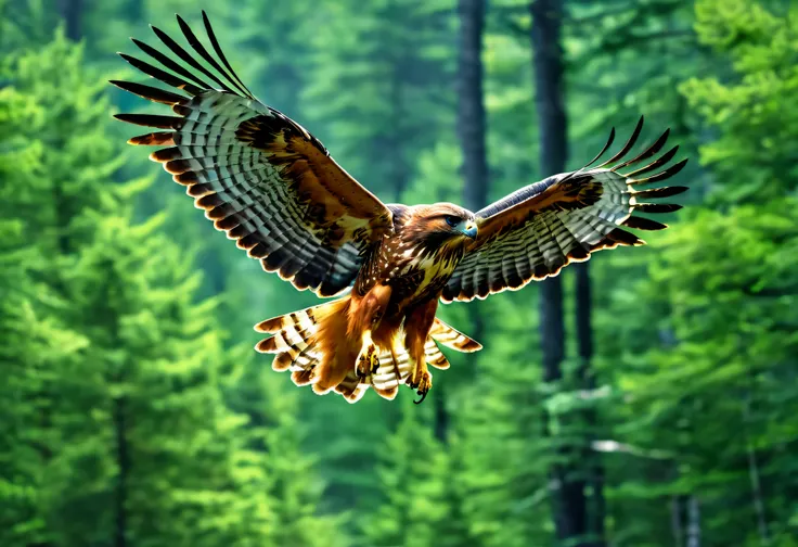 hawk is flying, One beautiful, high resolution, high quality, master piece, Brave, photo, 8K, on the forest