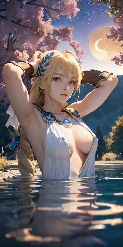 (masterpiece, best quality:1.3), Sophitia Alexandra, Soul Calibur, (upper body:1.5), anime, intricate detail, japanese style, 28 years old, look at viewer, gold hair, braid hair, (there is a beautiful night with a lake and trees in the background, colorful...