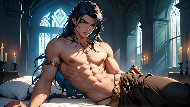 In a setting reminiscent of the vibrant world of Runeterra, a solo man with long azure hair sprawls upon a bed, his lean, defined physique exuding an aura of raw sensuality. The room is adorned with tapestries reminiscent of the mystical landscapes found w...