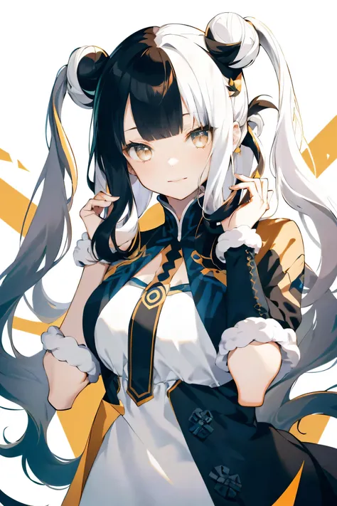 1 Female, ((Long Wavy Hair)), ((Half of her hair is white、The other half is black、Divided into two colors)), flowing bangs, ((Golden Eyes)), smile, modern clothes、((Looking down))