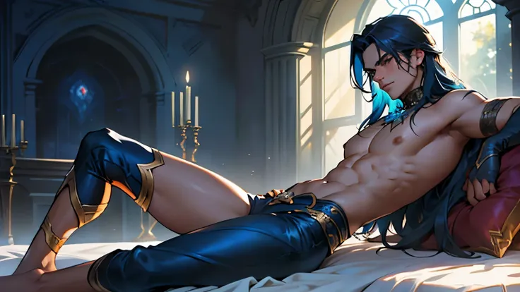 In a setting reminiscent of the vibrant world of Runeterra, a solo man with long azure hair sprawls upon a bed, his lean, defined physique exuding an aura of raw sensuality. The room is adorned with tapestries reminiscent of the mystical landscapes found w...