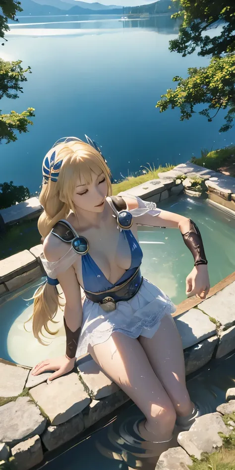 (masterpiece, best quality:1.3), Sophitia Alexandra, Soul Calibur, (from above:1.5), anime, intricate detail, japanese style, 28 years old, look at viewer, gold hair, braid hair, (there is a beautiful night with a lake and trees in the background, colorful...